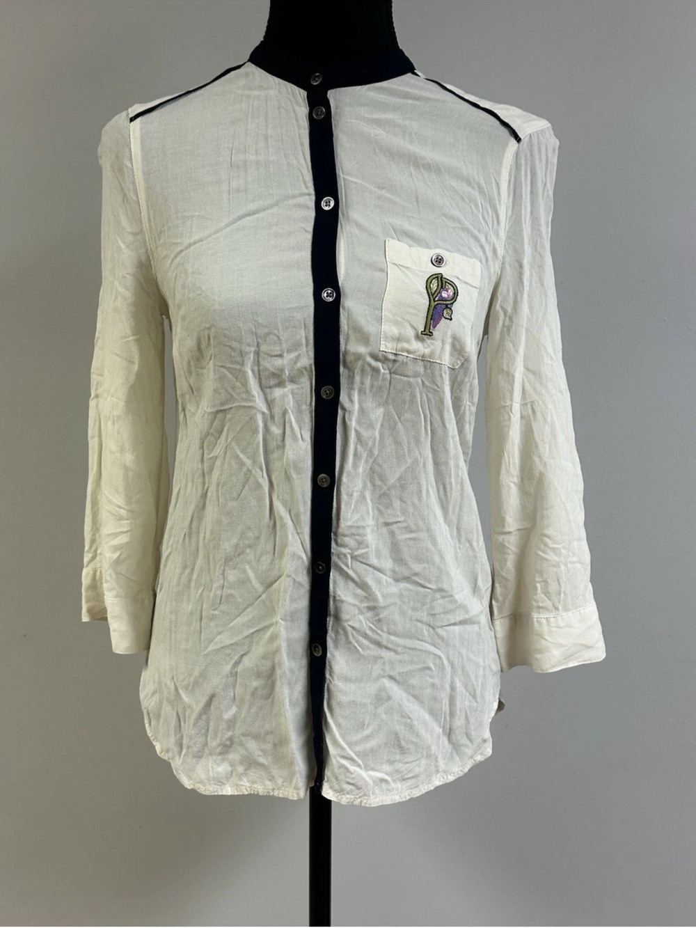 Maeve White Button-Front Top with Black Trim